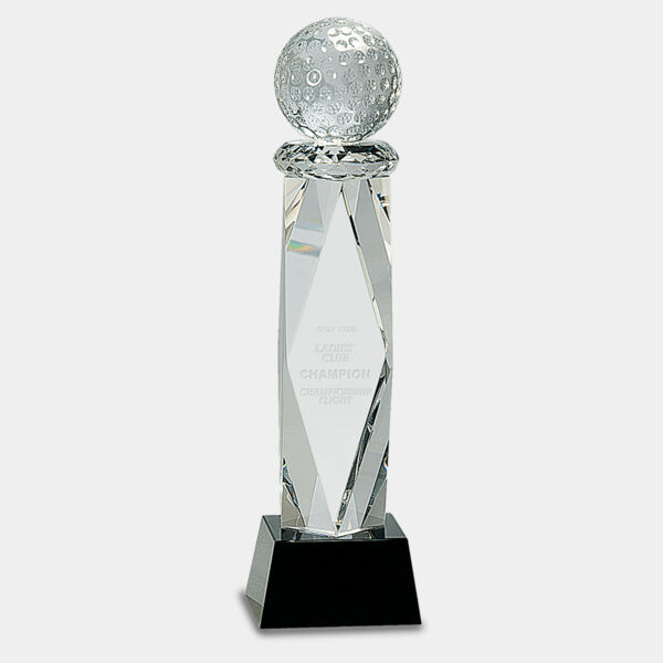 10 3/4" Crystal Golf Ball on Facet Column w/ Base Thumbnail