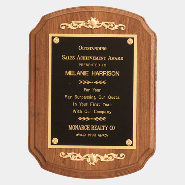 9" x 12" American Rounded, Scalloped Corner Plaque with Decorative Scrolls and a Border Laser Engravable Plate Thumbnail