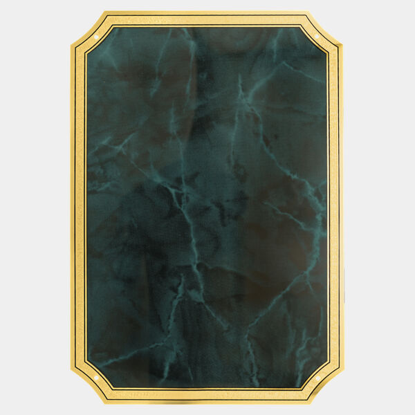 5 1/4" x 7 1/4" Emerald Marble Brass Plated Steel Plate with Four Holes, Notched Corners, and Florentine Design Border Thumbnail