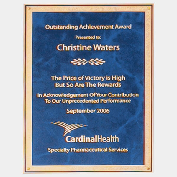 7" x 10" Laser Engravable Brass Plated Steel Sapphire Marble Plate with Florentine Border Thumbnail