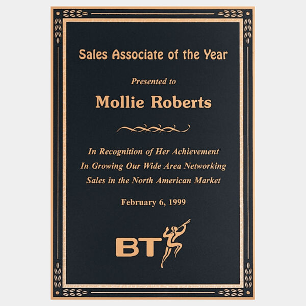 6" x 8" Laser Engravable Brass Plated Steel Plate with Leaf Corner and Florentine Design Border, Four Holes Thumbnail