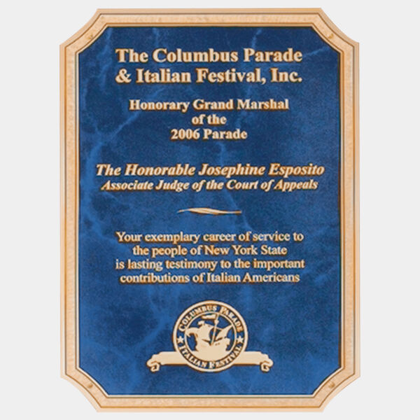 7" x 10" Sapphire Marble Laser Engravable Brass Plated Steel Plate with Notched Corners, Florentine Border and Four Holes Thumbnail